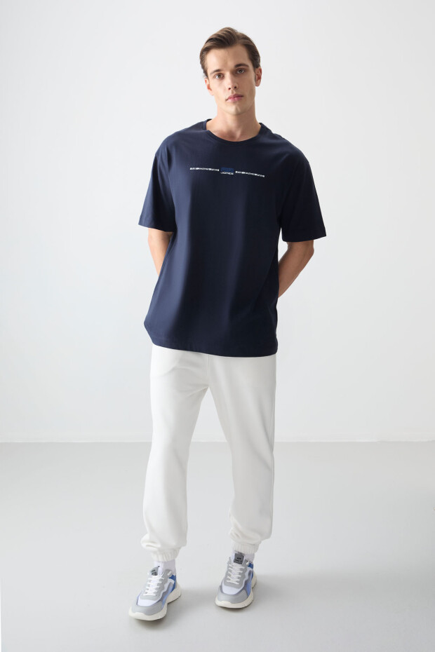 Lacivert %100 Pamuk Kalın Yumuşak Dokulu Oversize Fit Baskılı Erkek T-Shirt - 88357 - 3