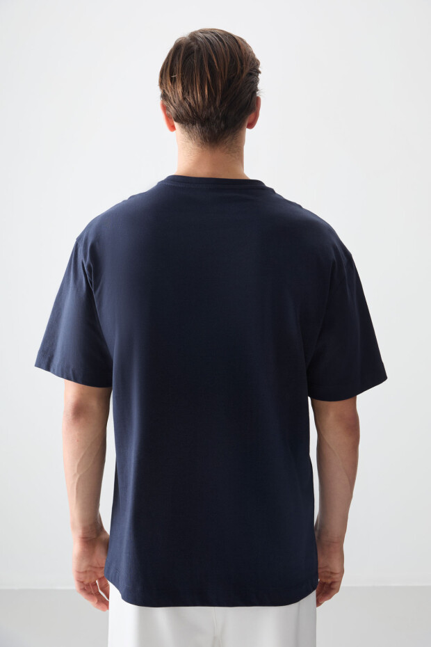 Lacivert %100 Pamuk Kalın Yumuşak Dokulu Oversize Fit Baskılı Erkek T-Shirt - 88357 - 5
