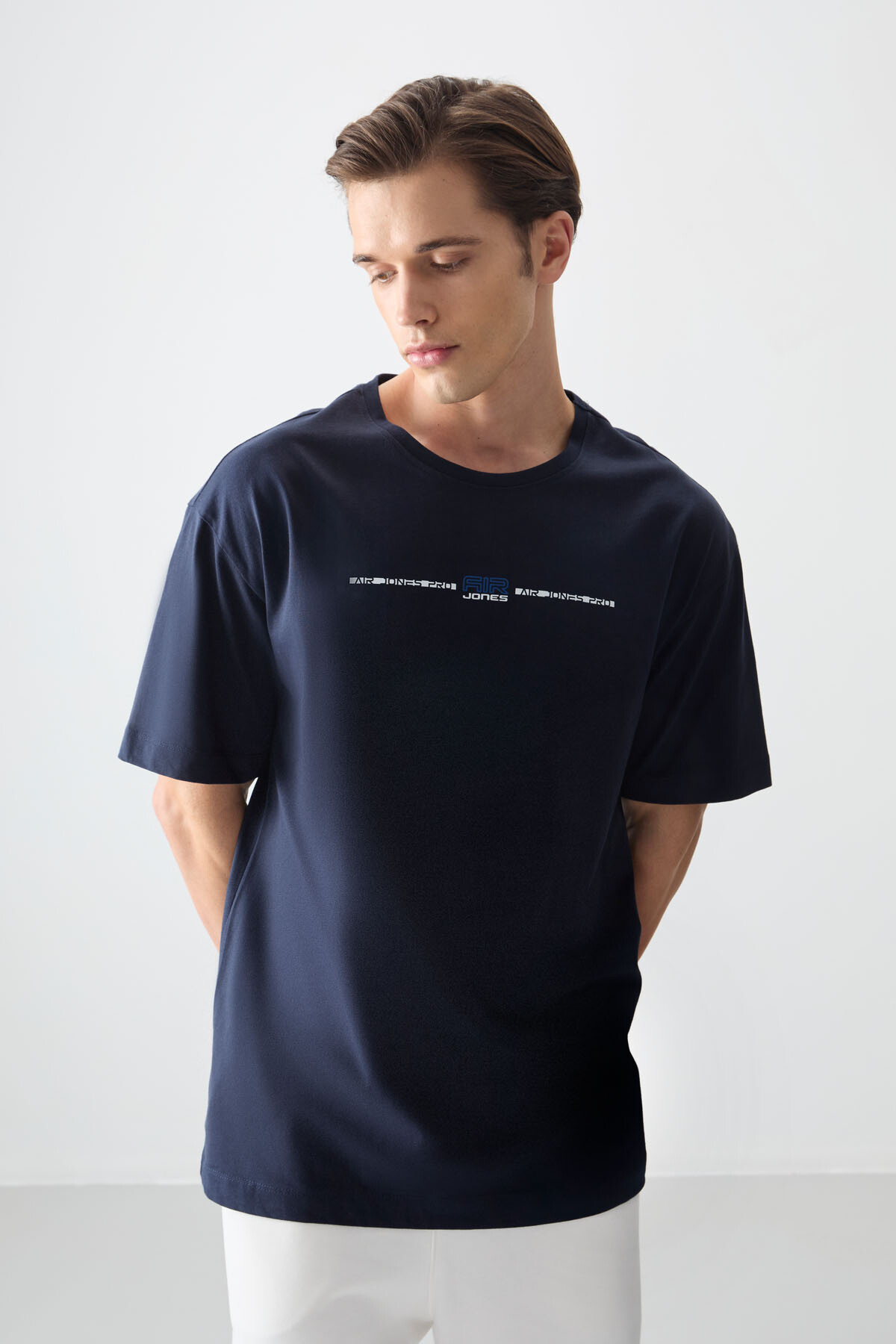 Lacivert %100 Pamuk Kalın Yumuşak Dokulu Oversize Fit Baskılı Erkek T-Shirt - 88357 - Air Jones