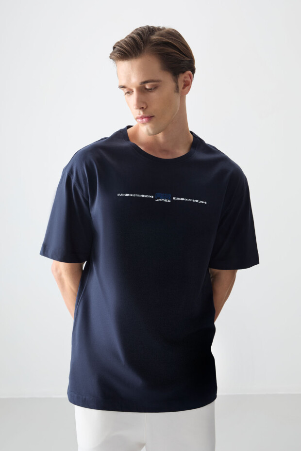 Lacivert %100 Pamuk Kalın Yumuşak Dokulu Oversize Fit Baskılı Erkek T-Shirt - 88357 - 1