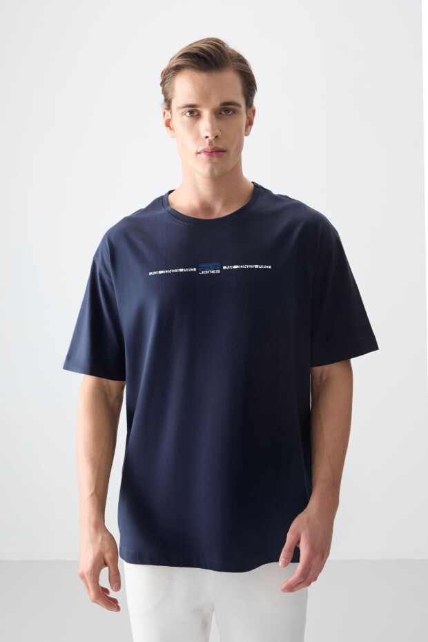 Lacivert %100 Pamuk Kalın Yumuşak Dokulu Oversize Fit Baskılı Erkek T-Shirt - 88357 - 4