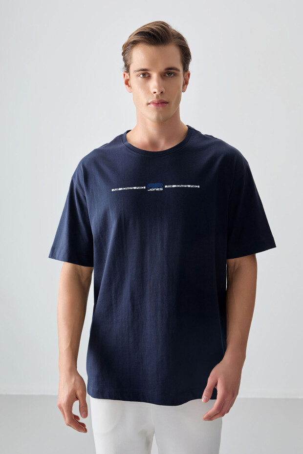 Lacivert %100 Pamuk Kalın Yumuşak Dokulu Oversize Fit Baskılı Erkek T-Shirt - 88357