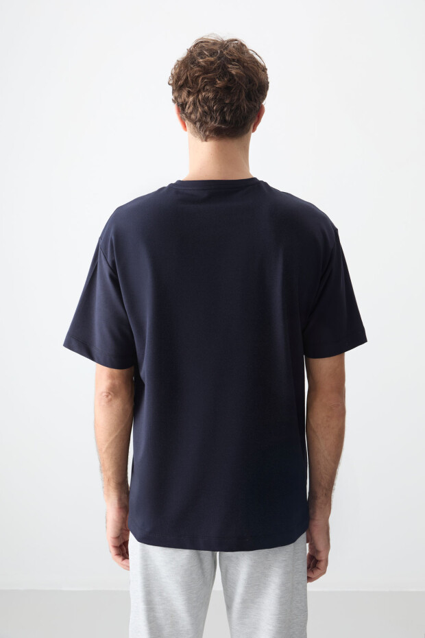 Lacivert Pamuklu Kalın Yumuşak Dokulu Oversize Fit Baskılı Erkek T-Shirt - 88373 - 5