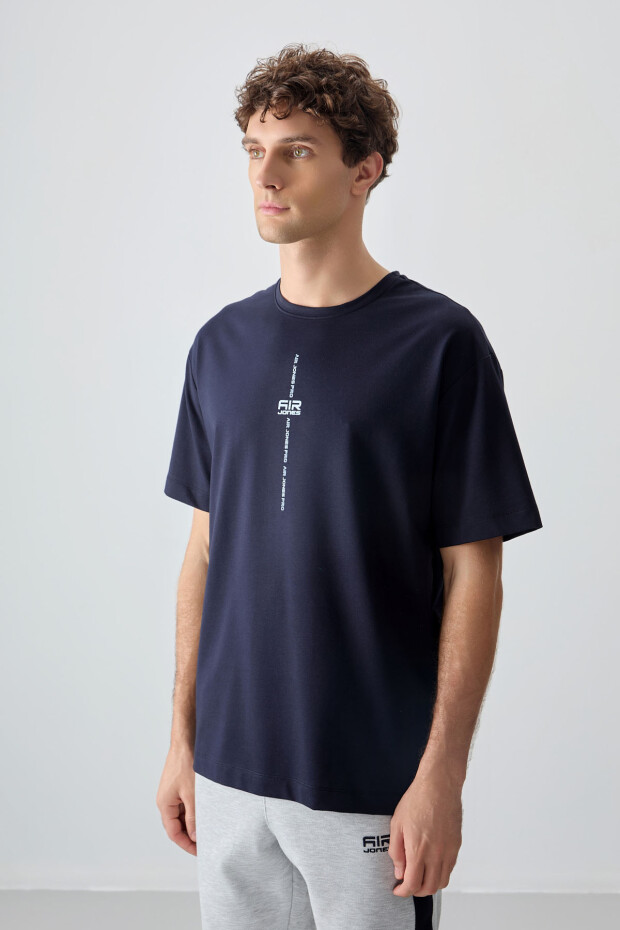 Lacivert Pamuklu Kalın Yumuşak Dokulu Oversize Fit Baskılı Erkek T-Shirt - 88373