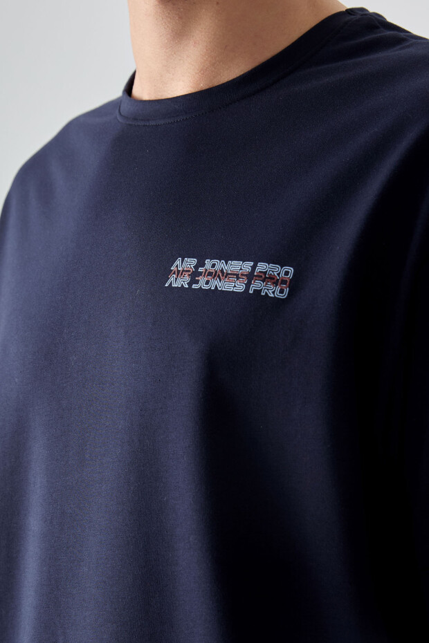 Lacivert Pamuklu Kalın Yumuşak Dokulu Oversize Fit Baskılı Erkek T-Shirt - 88375 - 3