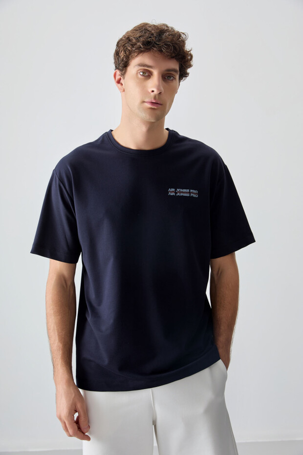 Lacivert Pamuklu Kalın Yumuşak Dokulu Oversize Fit Baskılı Erkek T-Shirt - 88375