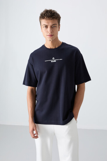 Lacivert Pamuklu Kalın Yumuşak Dokulu Oversize Fit Baskılı Erkek T-Shirt - 88321 