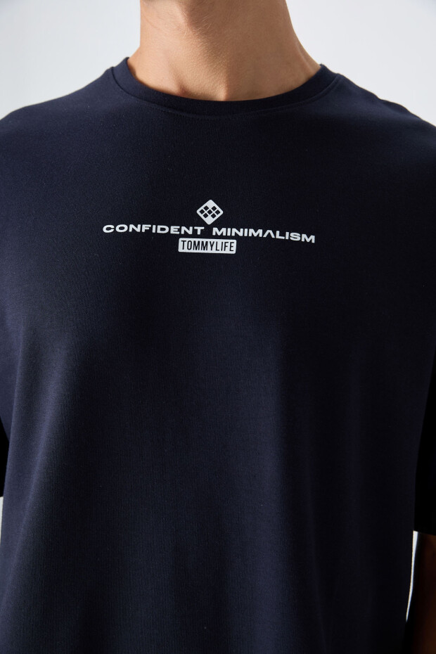 Lacivert Pamuklu Kalın Yumuşak Dokulu Oversize Fit Baskılı Erkek T-Shirt - 88321 - 2