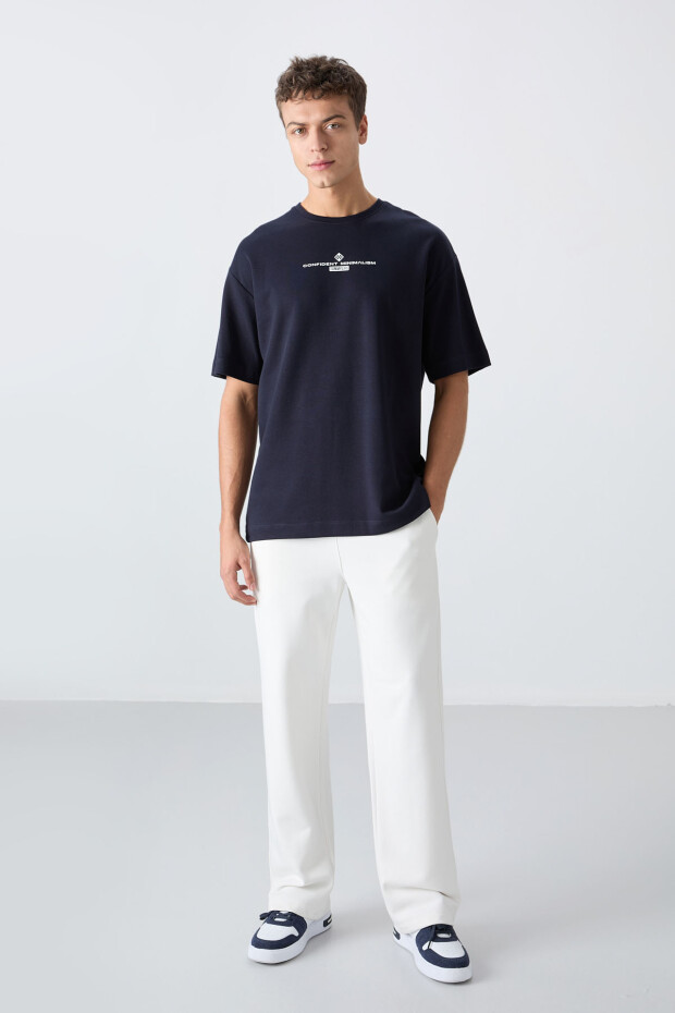Lacivert Pamuklu Kalın Yumuşak Dokulu Oversize Fit Baskılı Erkek T-Shirt - 88321 - 3