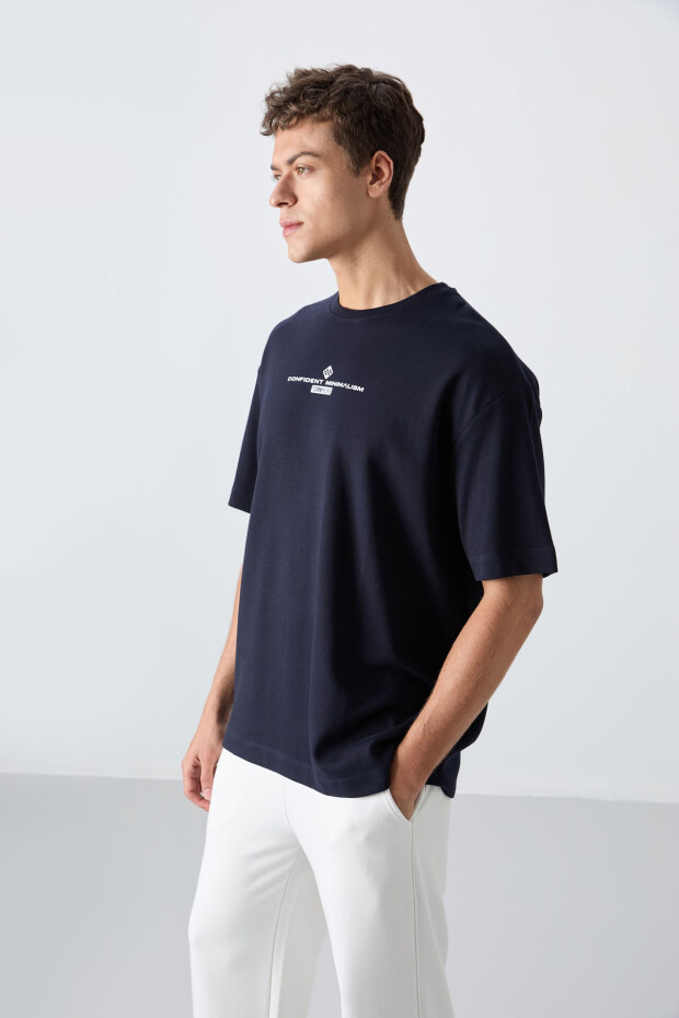 Lacivert Pamuklu Kalın Yumuşak Dokulu Oversize Fit Baskılı Erkek T-Shirt - 88321