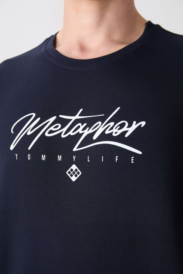 Lacivert Pamuklu Kalın Yumuşak Dokulu Oversize Fit Baskılı Erkek T-Shirt - 88320 - 3