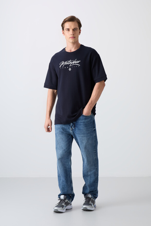 Lacivert Pamuklu Kalın Yumuşak Dokulu Oversize Fit Baskılı Erkek T-Shirt - 88320