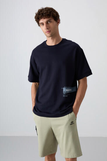 Lacivert Pamuklu Kalın Yumuşak Dokulu Oversize Fit Baskılı Erkek T-Shirt - 88322 