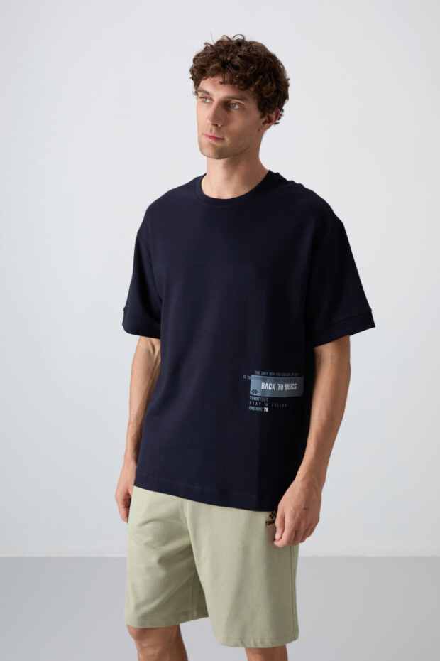 Lacivert Pamuklu Kalın Yumuşak Dokulu Oversize Fit Baskılı Erkek T-Shirt - 88322