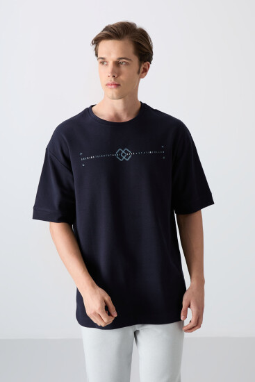 Lacivert Pamuklu Kalın Yumuşak Dokulu Oversize Fit Baskılı Erkek T-Shirt - 88323 