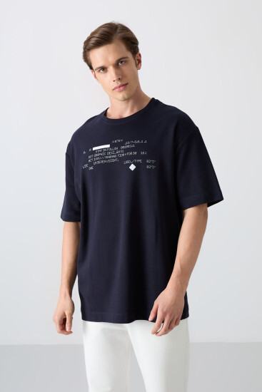 Lacivert Pamuklu Kalın Yumuşak Dokulu Oversize Fit Baskılı Erkek T-Shirt - 88326 