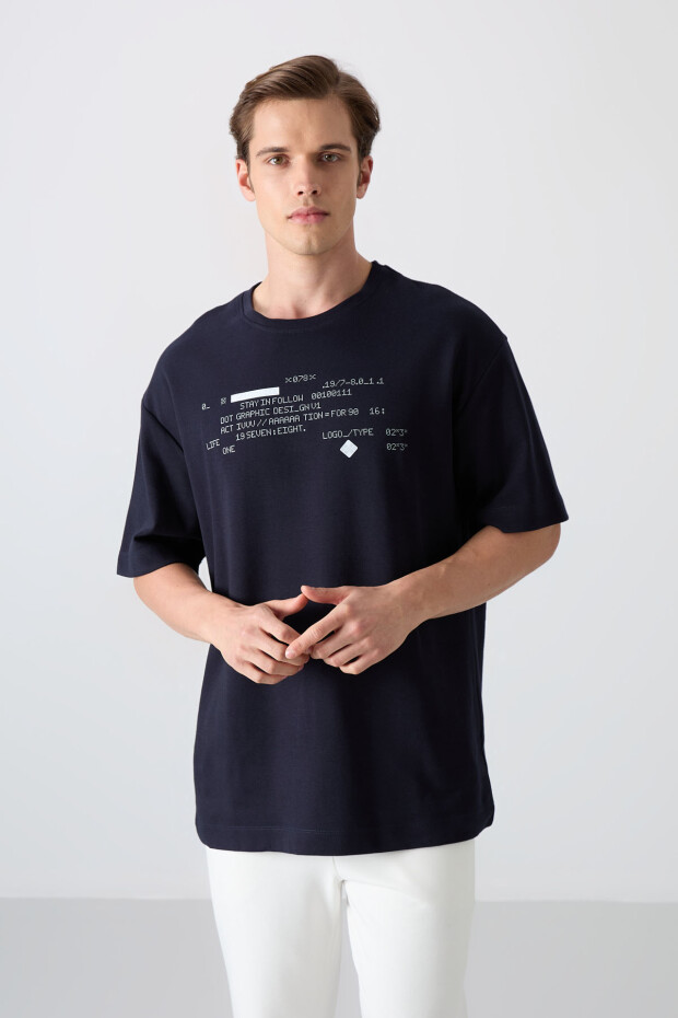 Lacivert Pamuklu Kalın Yumuşak Dokulu Oversize Fit Baskılı Erkek T-Shirt - 88326