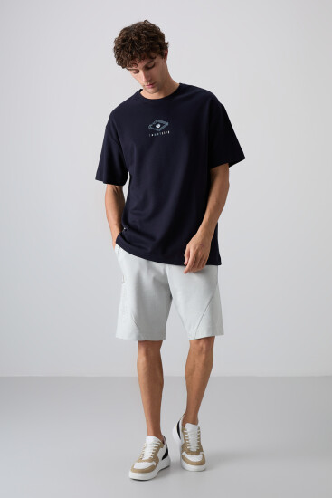 Lacivert Pamuklu Kalın Yumuşak Dokulu Oversize Fit Baskılı Erkek T-Shirt - 88325 - TOMMYLIFE (1)