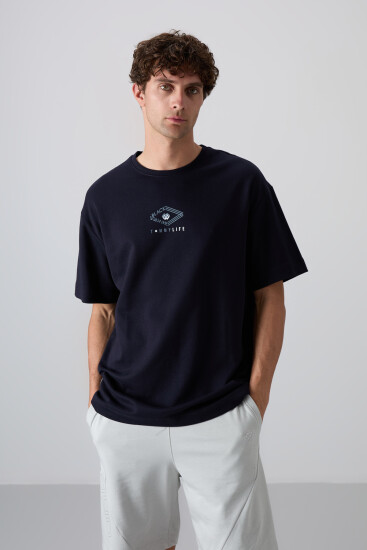 Lacivert Pamuklu Kalın Yumuşak Dokulu Oversize Fit Baskılı Erkek T-Shirt - 88325 