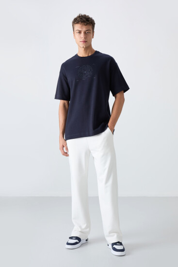 Lacivert Pamuklu Kalın Yumuşak Dokulu Oversize Fit Baskılı Erkek T-Shirt - 88324 - TOMMYLIFE (1)