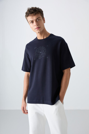 Lacivert Pamuklu Kalın Yumuşak Dokulu Oversize Fit Baskılı Erkek T-Shirt - 88324 