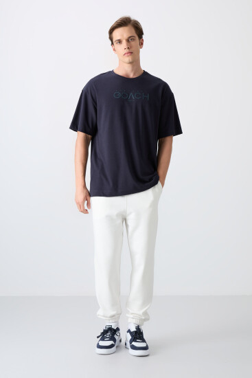 Lacivert Pamuklu Kalın Yumuşak Dokulu Oversize Fit Baskılı Erkek T-Shirt - 88329 - TOMMYLIFE (1)