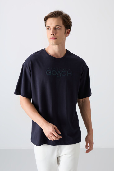 Lacivert Pamuklu Kalın Yumuşak Dokulu Oversize Fit Baskılı Erkek T-Shirt - 88329 