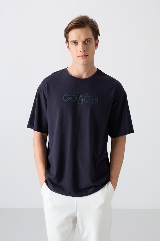 Lacivert Pamuklu Kalın Yumuşak Dokulu Oversize Fit Baskılı Erkek T-Shirt - 88329