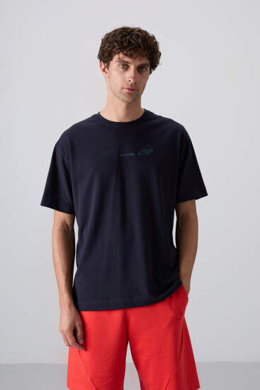 Lacivert Pamuklu Kalın Yumuşak Dokulu Oversize Fit Baskılı Erkek T-Shirt - 88330 