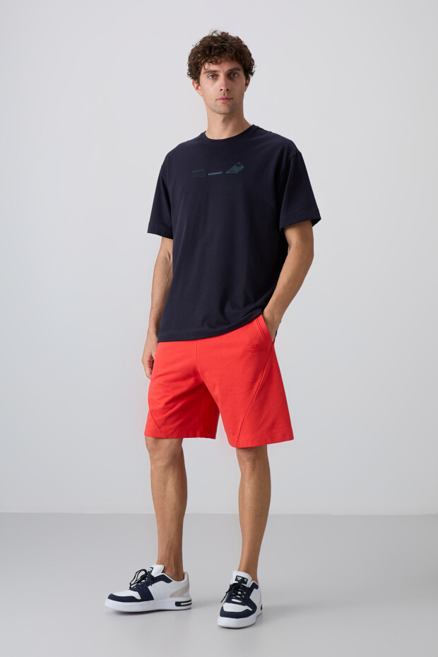 Lacivert Pamuklu Kalın Yumuşak Dokulu Oversize Fit Baskılı Erkek T-Shirt - 88330 - 4