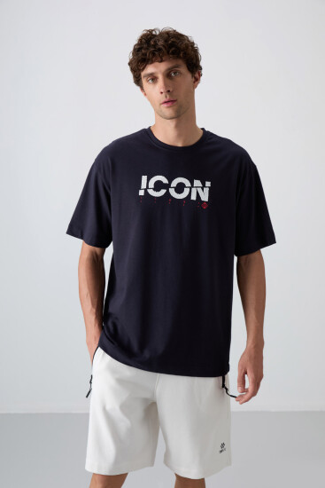 Lacivert Pamuklu Kalın Yumuşak Dokulu Oversize Fit Baskılı Erkek T-Shirt - 88331 