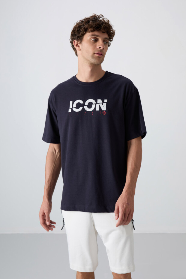 Lacivert Pamuklu Kalın Yumuşak Dokulu Oversize Fit Baskılı Erkek T-Shirt - 88331 - 3