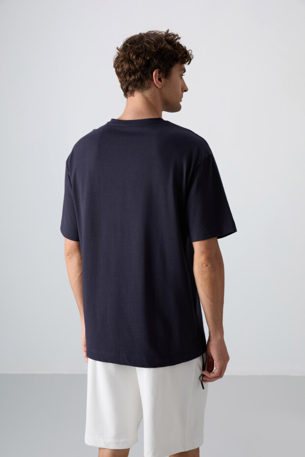 Lacivert Pamuklu Kalın Yumuşak Dokulu Oversize Fit Baskılı Erkek T-Shirt - 88331 - 5