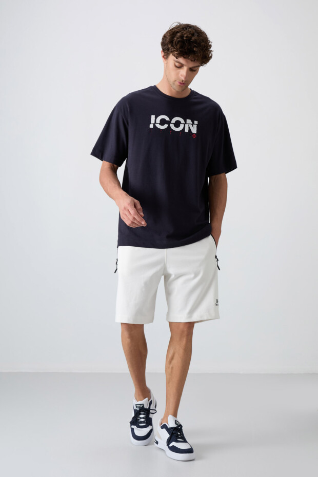 Lacivert Pamuklu Kalın Yumuşak Dokulu Oversize Fit Baskılı Erkek T-Shirt - 88331 - 4