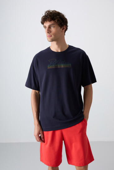 Lacivert Pamuklu Kalın Yumuşak Dokulu Oversize Fit Baskılı Erkek T-Shirt - 88334 