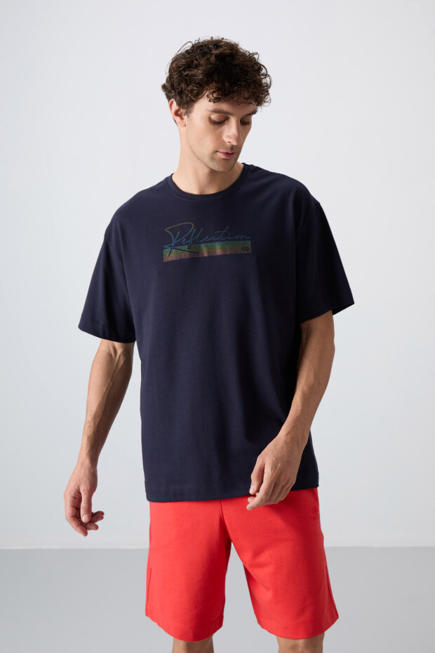 Lacivert Pamuklu Kalın Yumuşak Dokulu Oversize Fit Baskılı Erkek T-Shirt - 88334 - 3