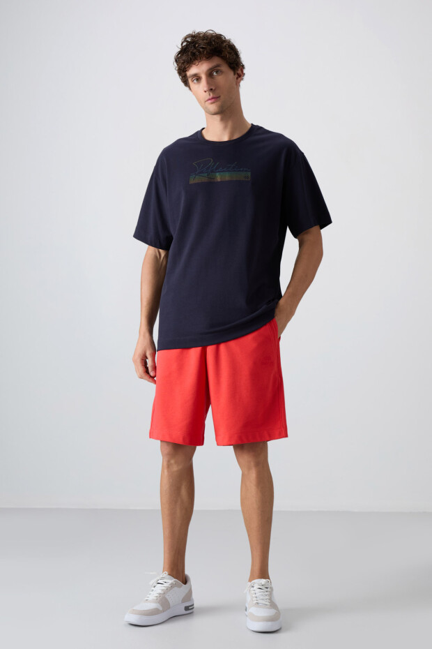 Lacivert Pamuklu Kalın Yumuşak Dokulu Oversize Fit Baskılı Erkek T-Shirt - 88334 - 2