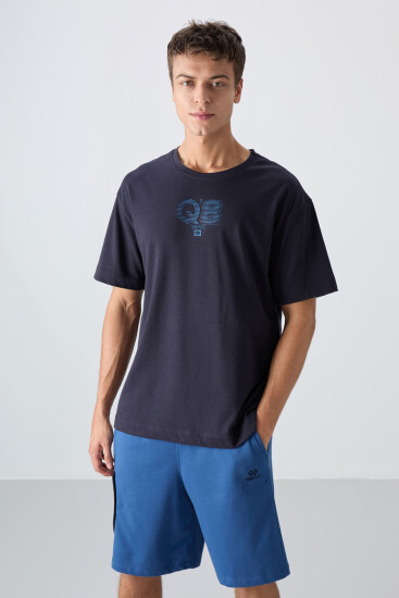 Lacivert Pamuklu Kalın Yumuşak Dokulu Oversize Fit Baskılı Erkek T-Shirt - 88333 