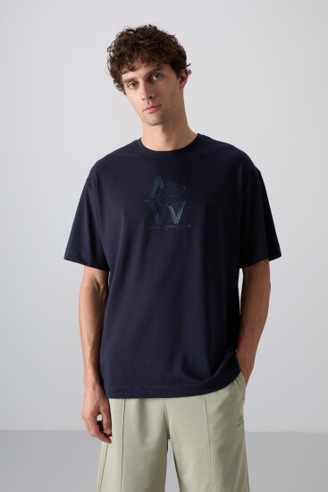Lacivert Pamuklu Kalın Yumuşak Dokulu Oversize Fit Baskılı Erkek T-Shirt - 88332 