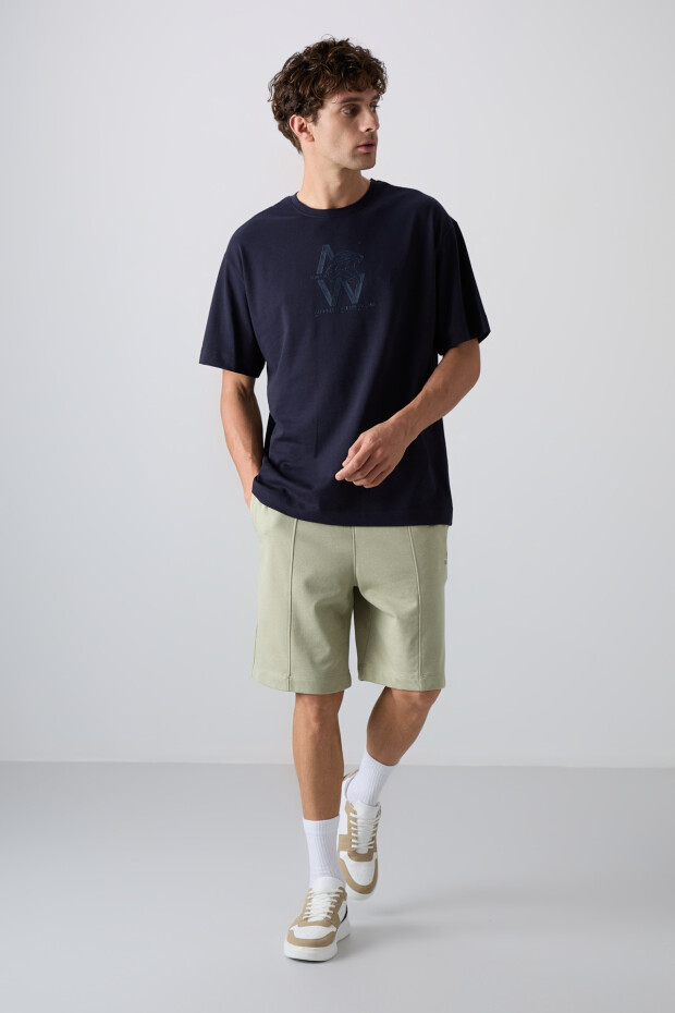 Lacivert Pamuklu Kalın Yumuşak Dokulu Oversize Fit Baskılı Erkek T-Shirt - 88332 - 2