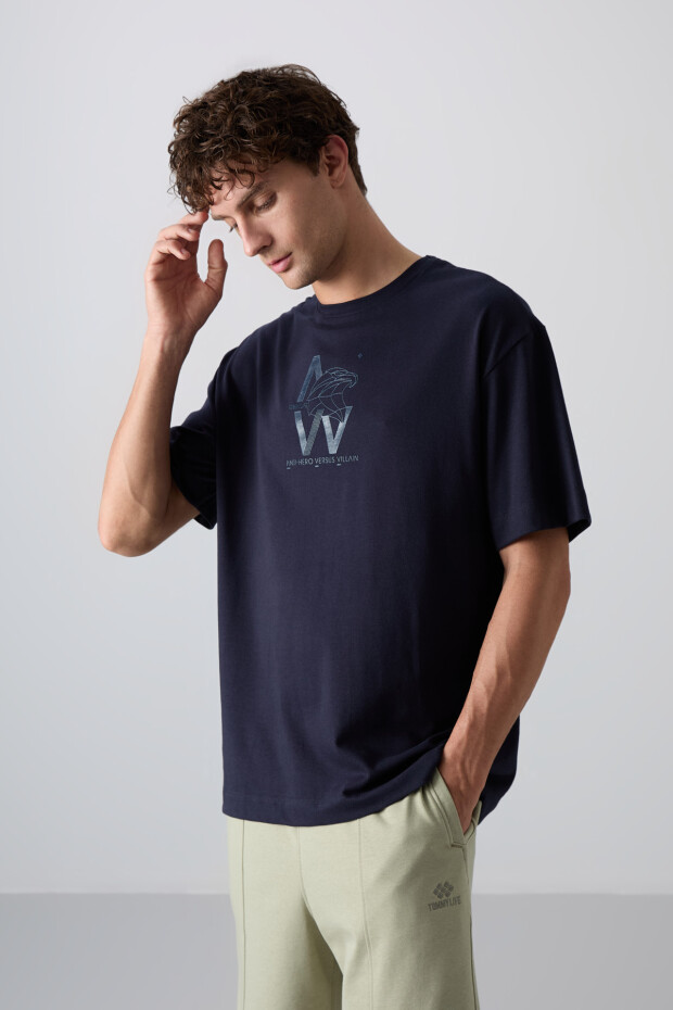 Lacivert Pamuklu Kalın Yumuşak Dokulu Oversize Fit Baskılı Erkek T-Shirt - 88332 - 4
