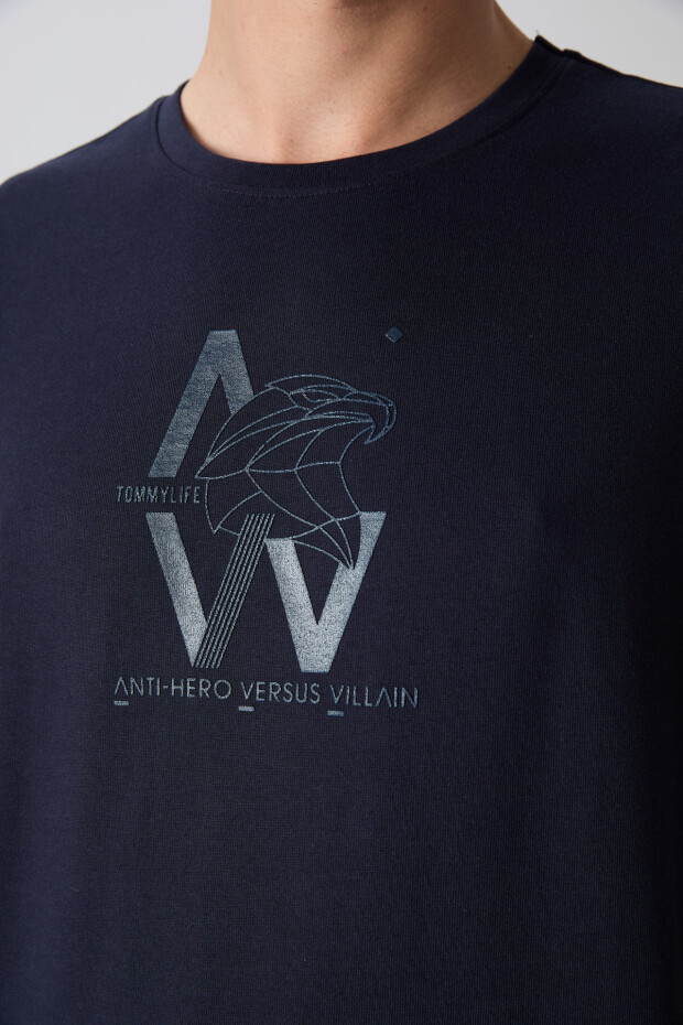 Lacivert Pamuklu Kalın Yumuşak Dokulu Oversize Fit Baskılı Erkek T-Shirt - 88332 - 3