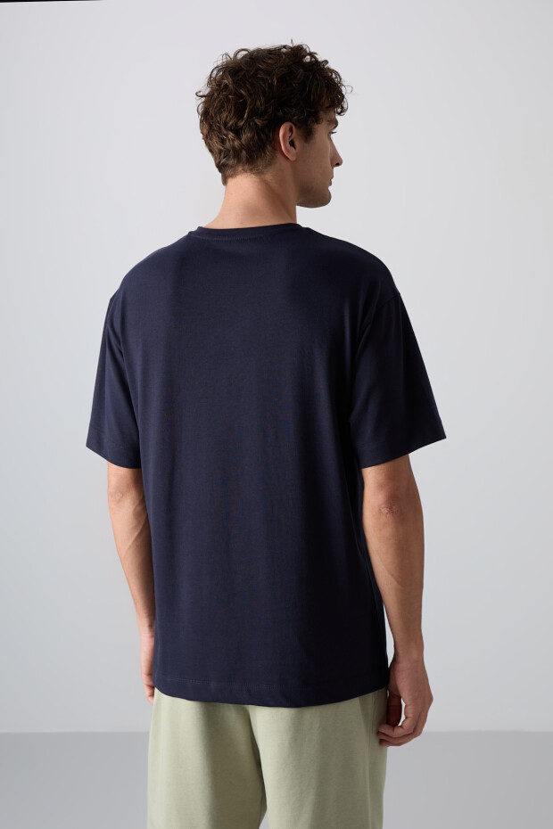 Lacivert Pamuklu Kalın Yumuşak Dokulu Oversize Fit Baskılı Erkek T-Shirt - 88332 - 5