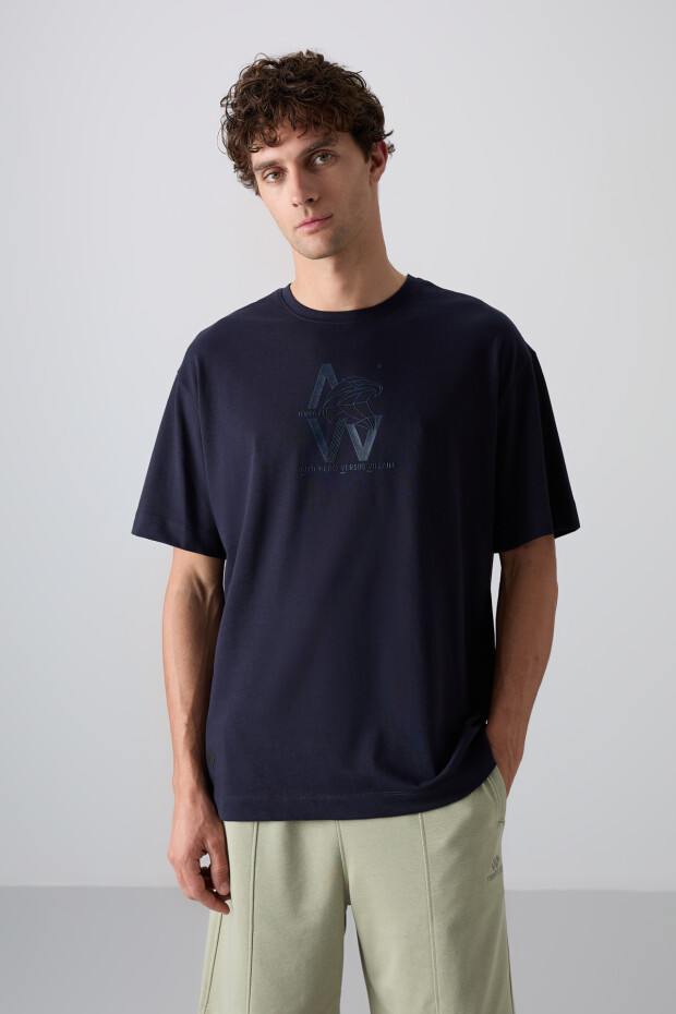Lacivert Pamuklu Kalın Yumuşak Dokulu Oversize Fit Baskılı Erkek T-Shirt - 88332