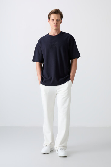 Lacivert Pamuklu Kalın Yüzeyi Dokulu Oversize Fit Baskılı Erkek T-Shirt - 88336 - TOMMYLIFE (1)