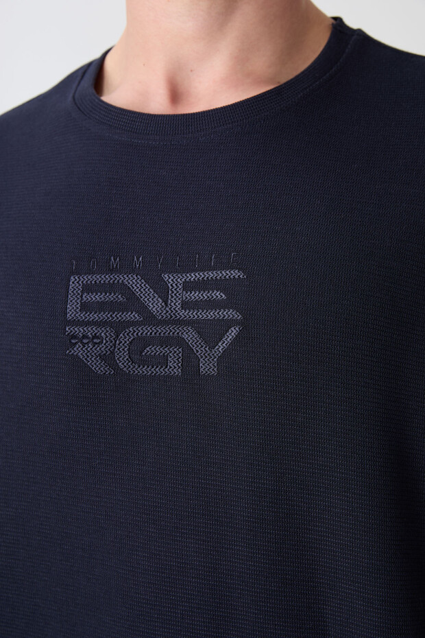 Lacivert Pamuklu Kalın Yüzeyi Dokulu Oversize Fit Baskılı Erkek T-Shirt - 88336 - 3