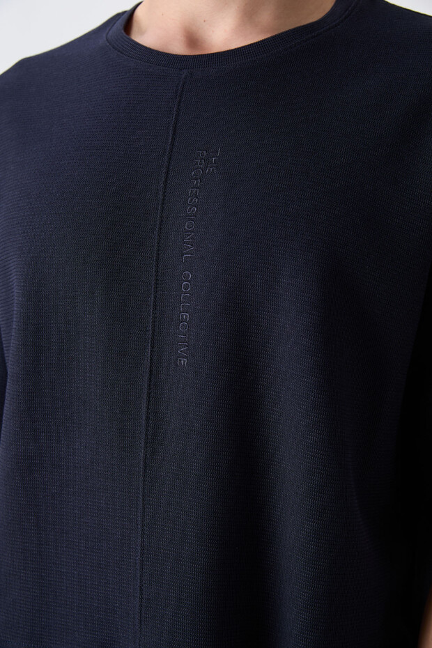 Lacivert Pamuklu Kalın Yüzeyi Dokulu Oversize Fit Basic Erkek T-Shirt - 88337 - 3