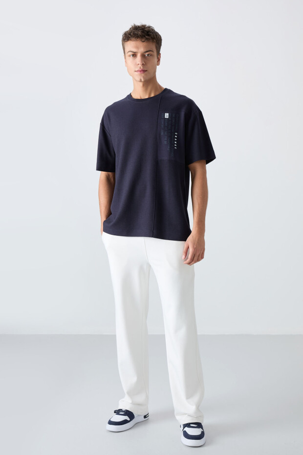 Lacivert Pamuklu Kalın Yüzeyi Dokulu Oversize Fit Baskılı Erkek T-Shirt - 88338 - 2