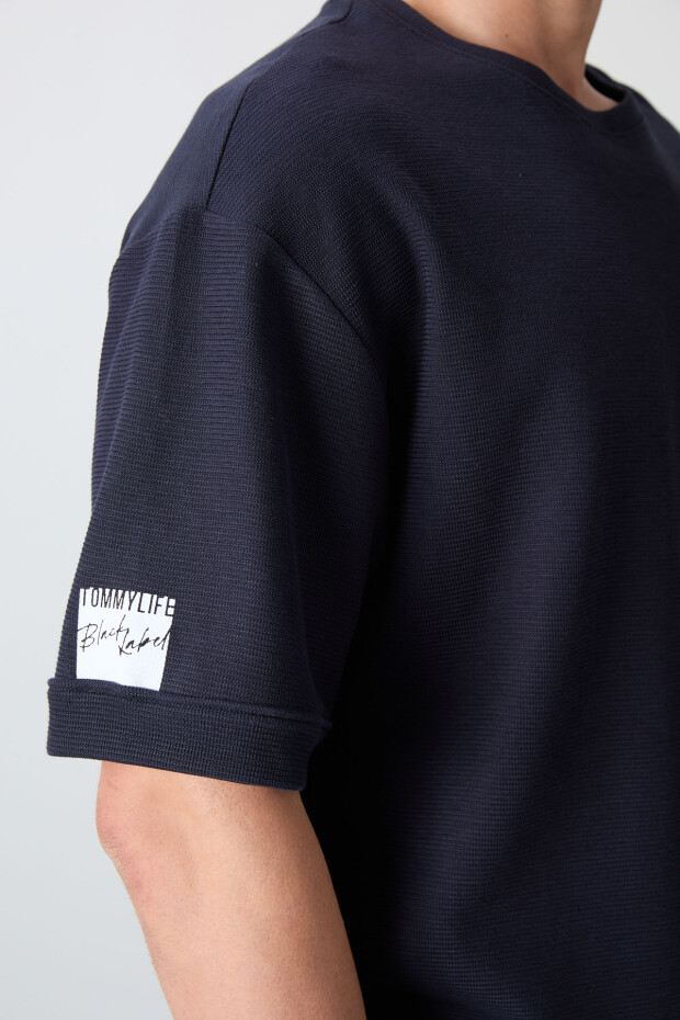 Lacivert Pamuklu Kalın Yüzeyi Dokulu Oversize Fit Basic Erkek T-Shirt - 88339 - 3