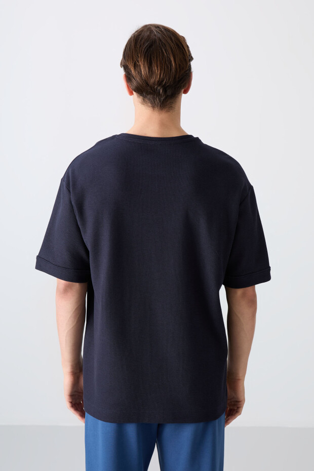 Lacivert Pamuklu Kalın Yüzeyi Dokulu Oversize Fit Basic Erkek T-Shirt - 88339 - 5